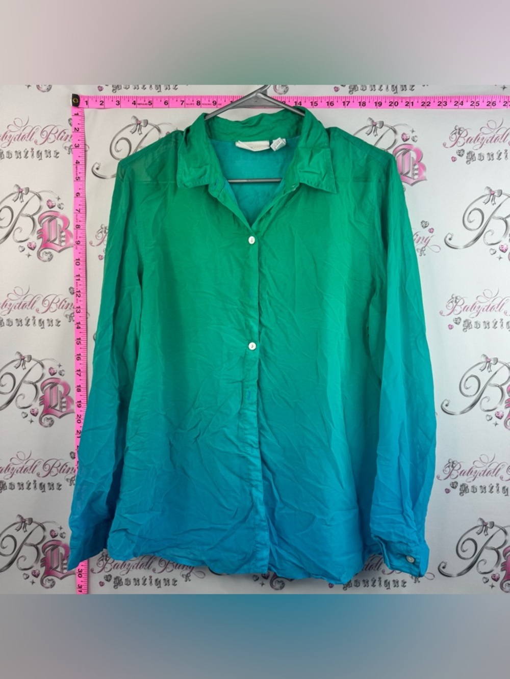 Chico's button up shirt long sleeve sheer Ombre Green to Teal Button-Up Blouse
